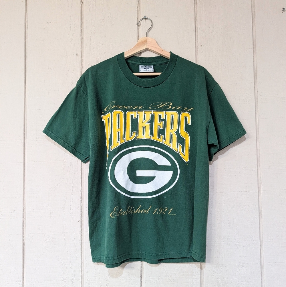 Vintage 90s Green Bay Packers Green Graphic Shirt CSA Script Logo Boxy Mens L